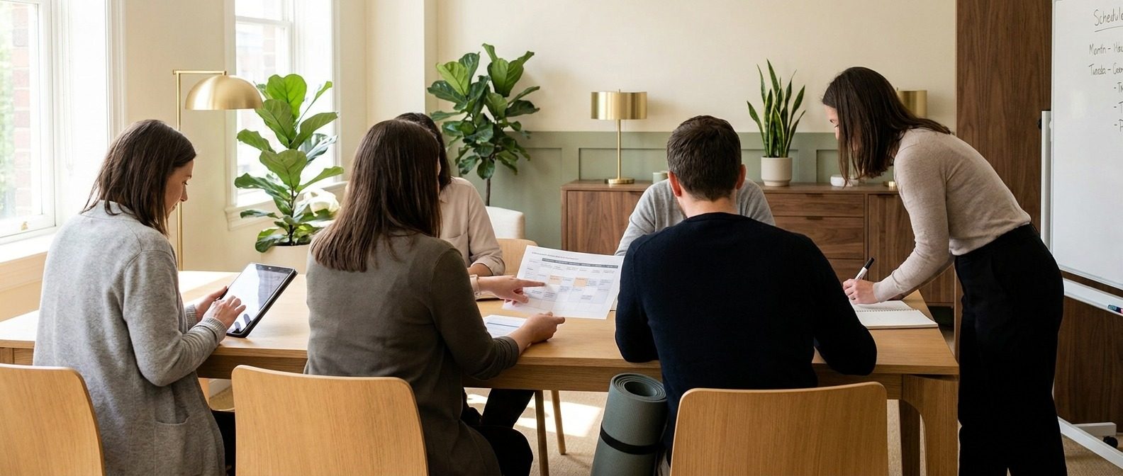 The Perspective care team planning together around a table: therapists, nurse practitioners, and a breathwork facilitator